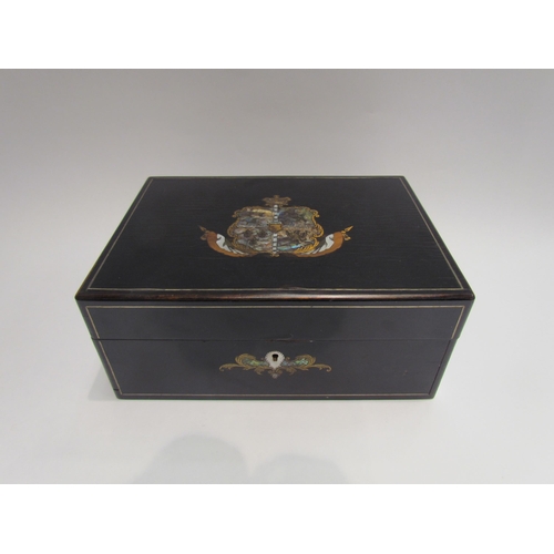 4108 - An ebonised mother-of-pearl and abalone inlay coat of arms design sewing box