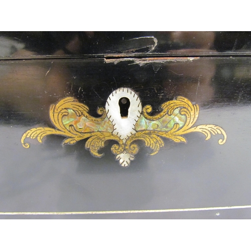 4108 - An ebonised mother-of-pearl and abalone inlay coat of arms design sewing box