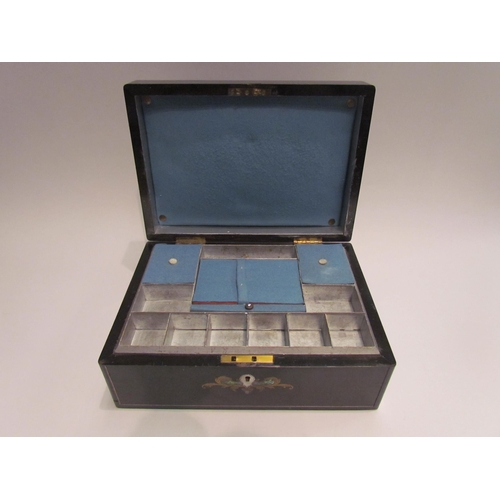 4108 - An ebonised mother-of-pearl and abalone inlay coat of arms design sewing box