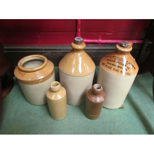 4138 - Five stoneware items including two flagons, one stamped Price, Bristol