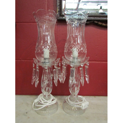 4162 - A pair of cut glass lamps with crystal drops, no plugs, 45cm tall