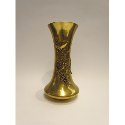 4176 - A Japanese brass waisted vase with applied bird and floral design, 26cm tall