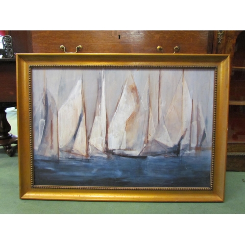 4190 - An acrylic on board of ships at sail, gilt framed, 60cm x 90cm image size