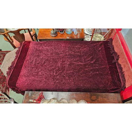 4490 - A Victorian chenille bed throw with velvet and tassel borders.  250cm x 175cm