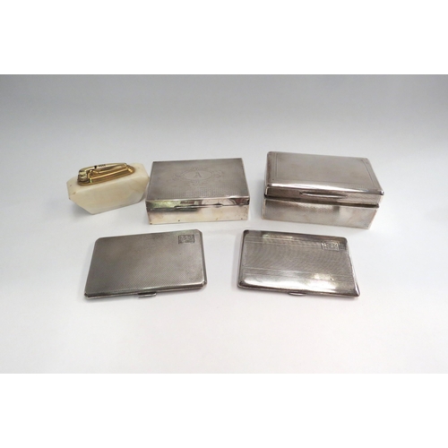 4335 - Four silver boxes and cigarette cases together with a Ronson agate table lighter