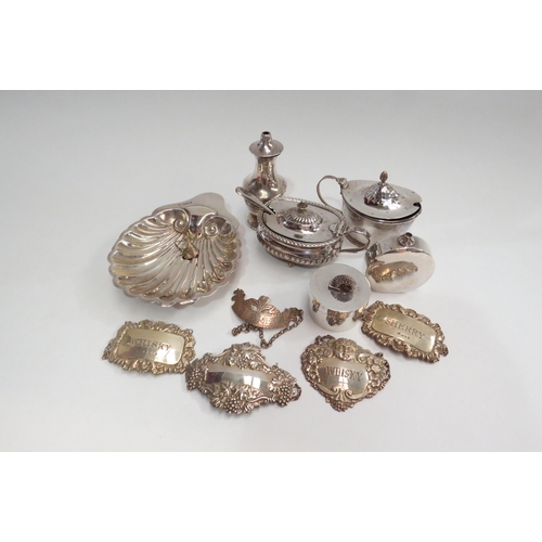 4341A - A selection of silver including decanter labels, Shell dish stamped Sheffield, mustard pot stamped L... 