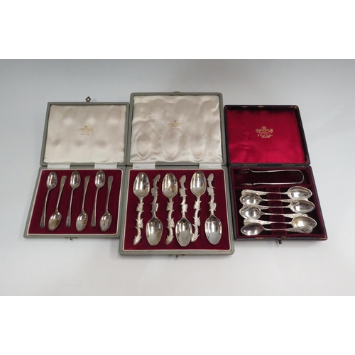 4368 - A set of six Victorian Scottish silver coffee spoons and matching sugar tongs, with bright-cut handl... 