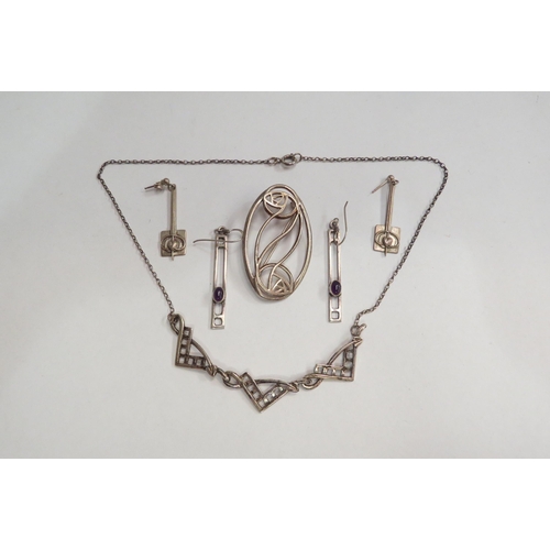 4371 - Four pieces of Mackintosh style silver jewellery, necklace, two pairs of earrings and brooch