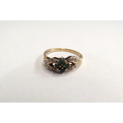 4403 - A 9ct gold, emerald and diamond set ring.  Approximately 1.7g, size O