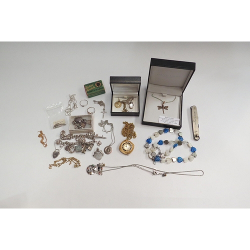 4421 - A collection of white metal and silver items including charm bracelet, mother-of-pearl pendant, etc.