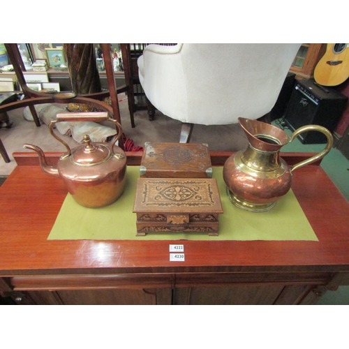 4220 - A copper and brass jug and a copper kettle together with two trinket boxes (4)