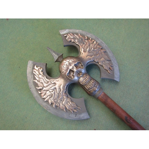 4241 - A reproduction heavy cast double headed axe after Attila the Hun with wooden handle, 92cm long