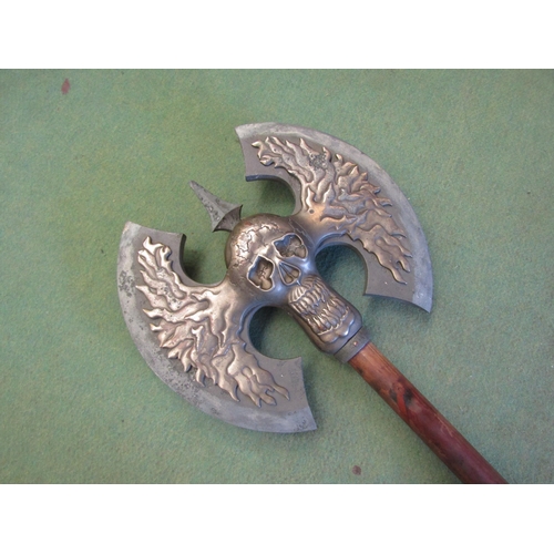 4241 - A reproduction heavy cast double headed axe after Attila the Hun with wooden handle, 92cm long