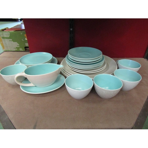 4272 - A Poole twintone turquoise and cream part dinner and tea service comprising of coffee pot, tureens, ... 