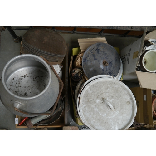 2031 - Two boxes of bygones including enamel and milk churn