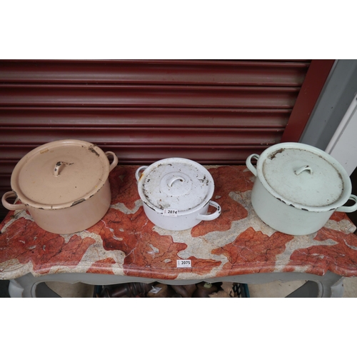 2074 - Three enamel pots with lids, brown, green and blue