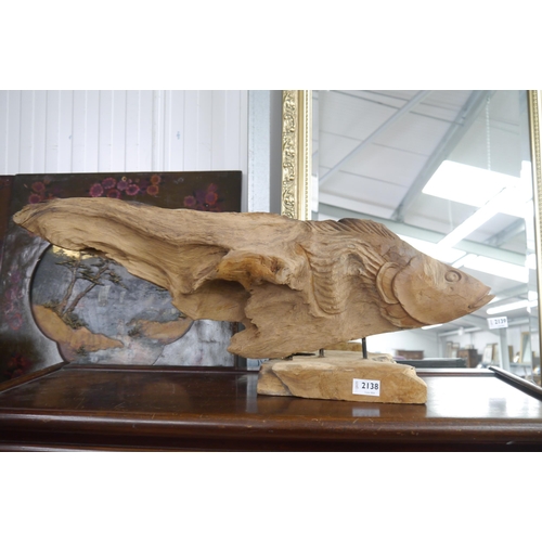 2138 - A carved wooden fish abstract on base