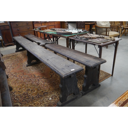 2250 - A pair of 19th Century oak benches , loose middle supports, 11' long    (E) £100-150