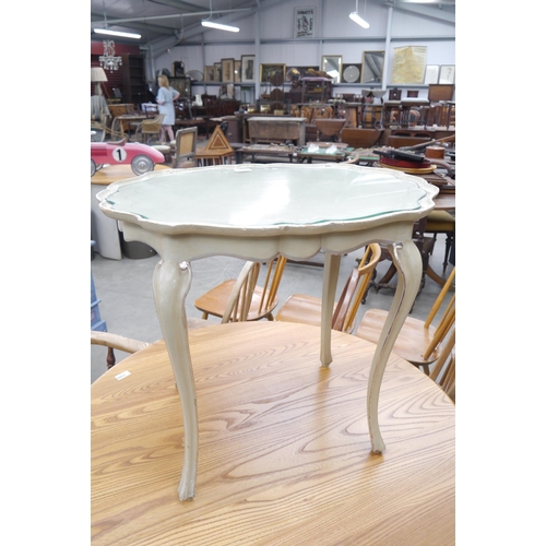 2270 - A glass topped painted French occasional table with scalloped trim