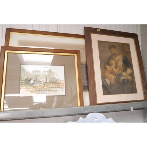 2307 - Two oak framed pictures, landscape and hunting scene and another (3)