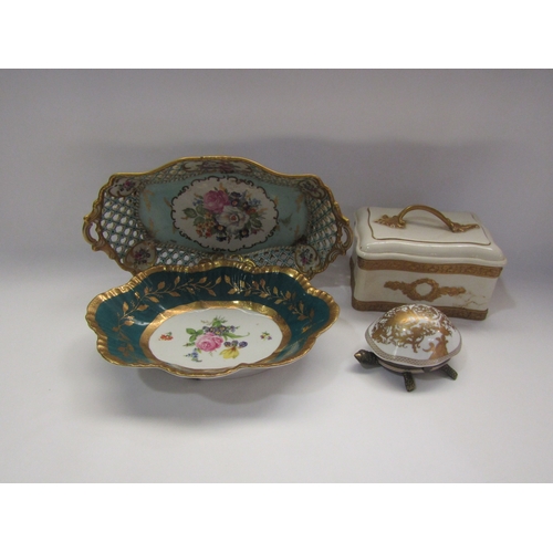 4296 - A Capodimonte pierced basket, a porcelain Royle dish, a handpainted lidded dish and a gilt turtle (4... 