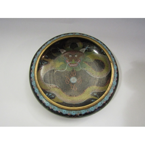 4302 - A 20th Century Cloisonne shallow bowl with dragon chasing the pearl design, 20cm diameter