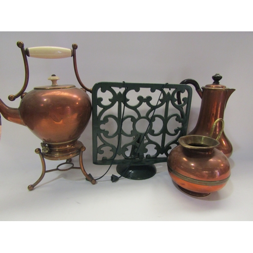 4327 - A copper hot water jug and ewer, bread bin and recipe book stand