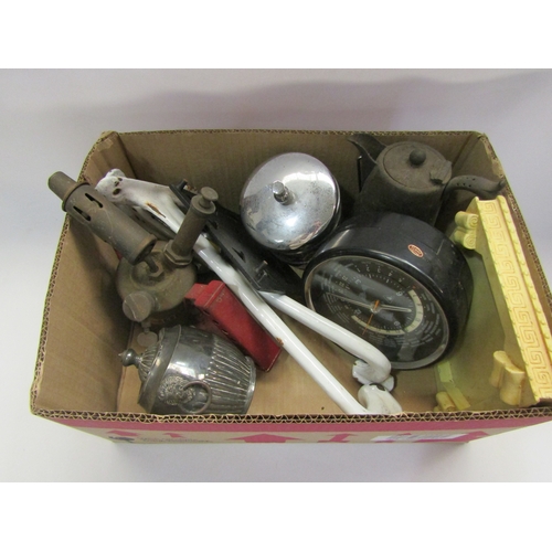 4328 - A box of miscellaneous including an AA badge, plated ware, blow lamp, Yaesu world clock, etc     (R)... 