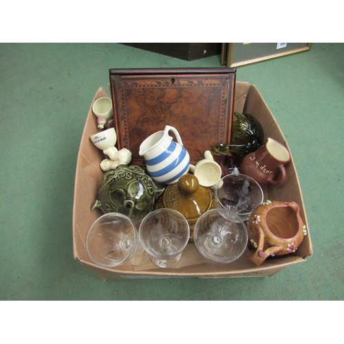 4331 - A box of assorted items including drinking glasses, travel clock, Sadler jug, letter rack, etc