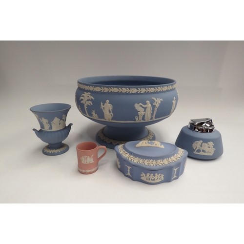 4437 - Five pieces of Wedgwood Jasperware including footed fruit bowl, table lighter, etc.