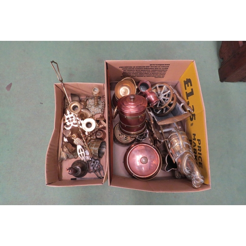 4440 - Two boxes of brassware and copper including horse and cart, jugs, Linton canister and biscuit barrel... 