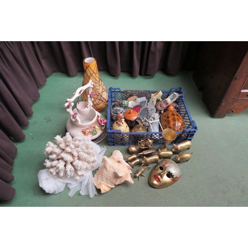 4443 - A box of mixed items including coral, seashell, brass animals, vase, glass paperweights and Norman R... 