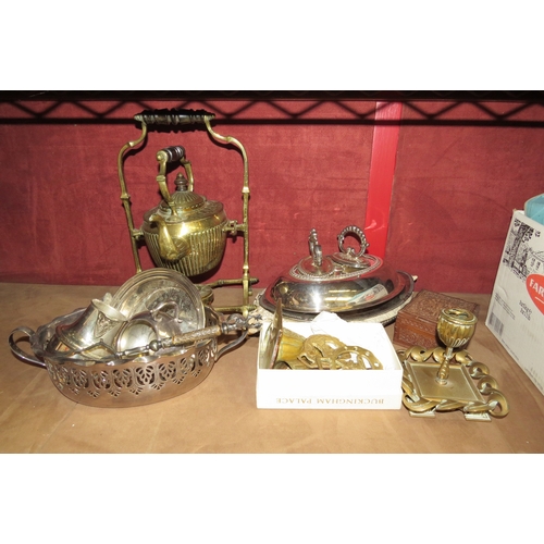 4460 - A quantity of silver plated and brass wares to include brass spirit kettle on stand, Dutch bells, pl... 