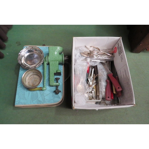 4462 - A selection of plated cutlery, kitchen utensils and a cased picnic set etc.