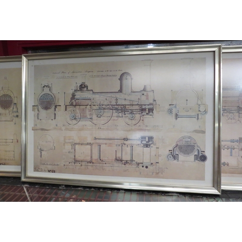 4464 - Four locomotive engine plan prints, framed and glazed