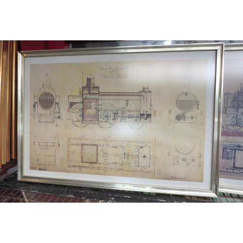 4464 - Four locomotive engine plan prints, framed and glazed