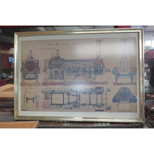 4464 - Four locomotive engine plan prints, framed and glazed