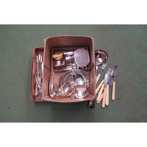 4450 - A mixed selection of silver plated cutlery and serving utensils.  Two silver napkin rings.  A penkni... 