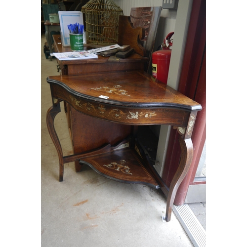 2100 - A 19th Century rosewood inlay two tier corner table with ivroine inlay