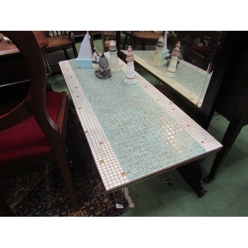 4199 - A mid-20th Century tiled-top coffee table, minor losses, 40cm tall x 122cm long x 45cm wide