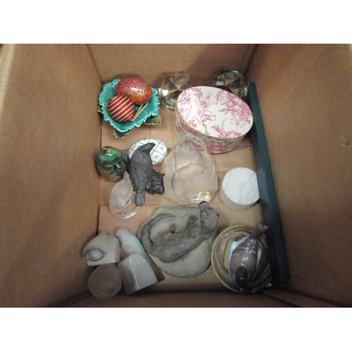 4488 - A box of assorted items including Copenhagen bird, Jonassen Swedish glass paperweight with otter des... 