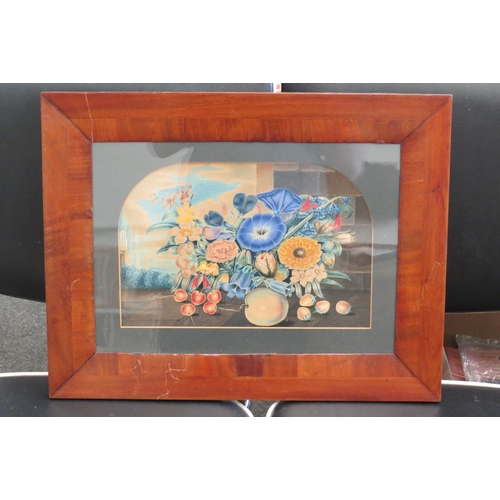 1333 - A gouache depicting flowers and fruit, framed and glazed, 20cm x 30cm image size