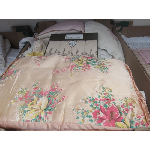 1409 - Two boxes of embroidered and crochet table linens and tea cosies        (E) £6-12