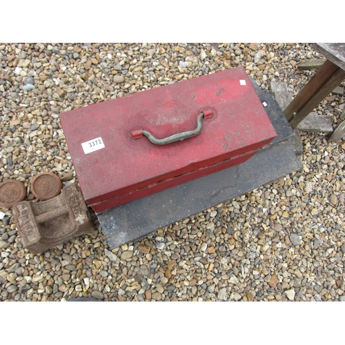 3372 - A metal tool box and a wooden tool box containing tools