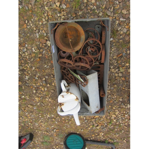 3455 - A box of metalware including an enamel watering can, brackets and a glue pot, etc