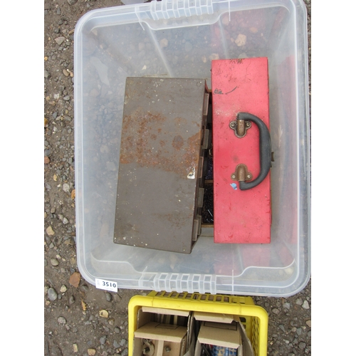 3510 - A box containing drill bits, fixings, taps and dies, etc