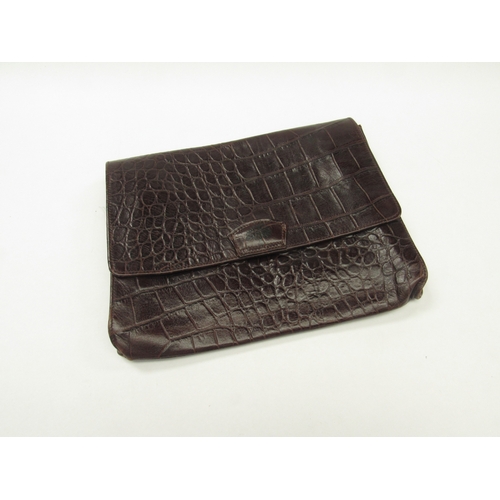 1289 - MULBERRY: Vintage brown leather clutch bag, mock crock plaid interior lining, three compartment, sin... 