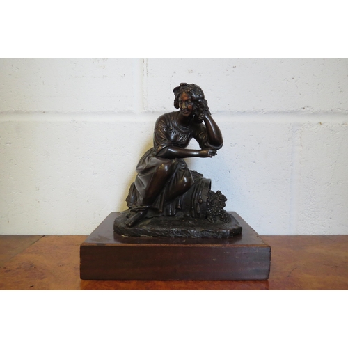 1018 - A bronze figure of a girl sitting on a barrel of grapes, plinth base, 19.5cm tall