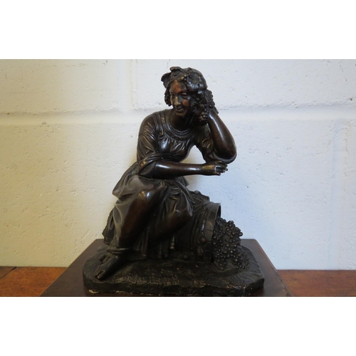 1018 - A bronze figure of a girl sitting on a barrel of grapes, plinth base, 19.5cm tall