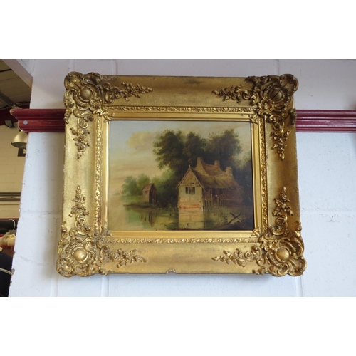 1021 - A 19th Century English School oil on canvas depicting a river scene with cottage, unsigned, gilt ges... 